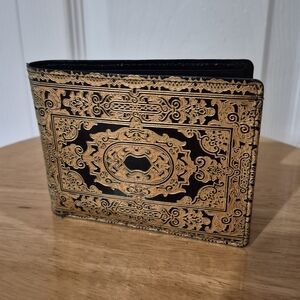 Vintage Dark Blue Patent Leather Wallet With Gold Embossed Details